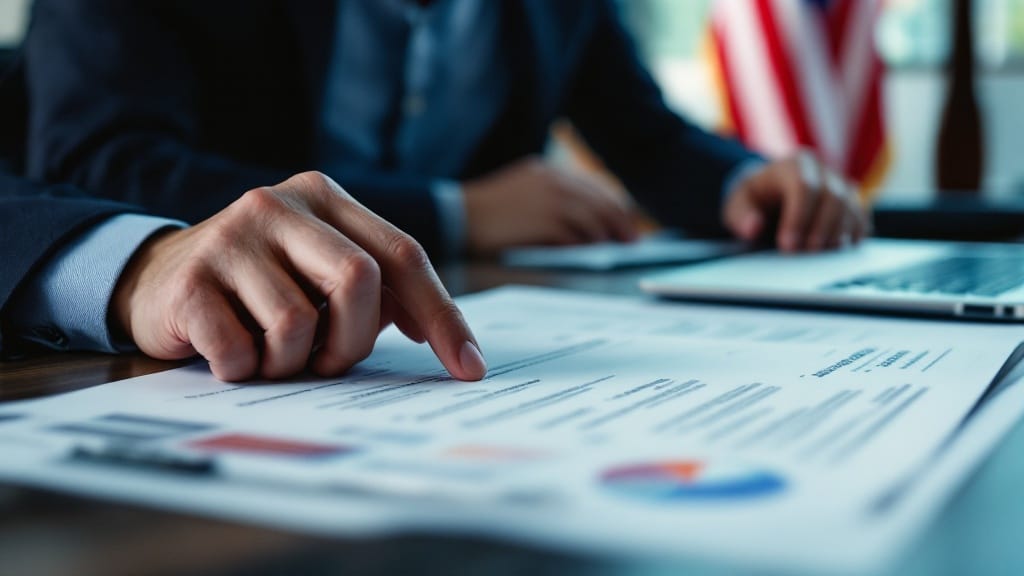 Reviewing US import tariff and HTS classification paperwork with a calculator