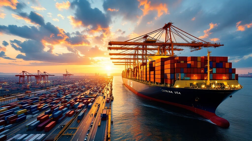 Container ship loaded with cargo leaving a Chinese port bound for the USA