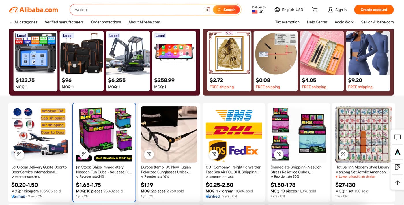 Alibaba.com interface in English with USD prices, MOQ and verified suppliers