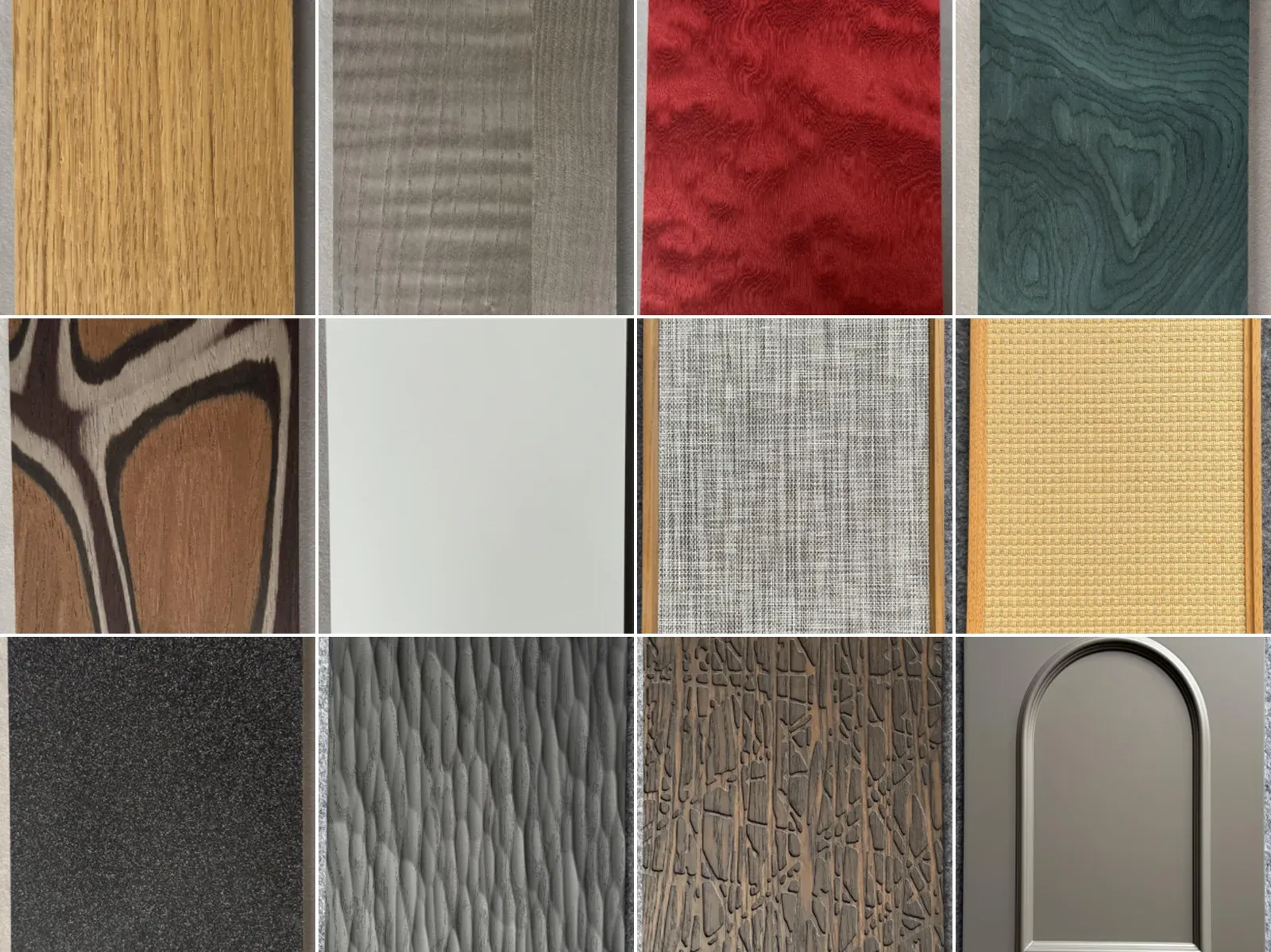 Twelve cabinet finish samples: oak and grey ash veneer, red and green burl, exotic figured veneer, white lacquer, fabric and rattan in oak frames, textured black lacquer, fluted and hammered metal, arched profiled door