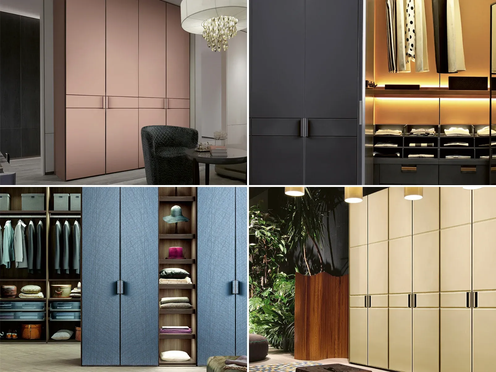 Built-in wardrobes and closets in four finishes: blush leather fronts, dark walnut veneer, blue lacquer, pale yellow lacquer with integrated lighting