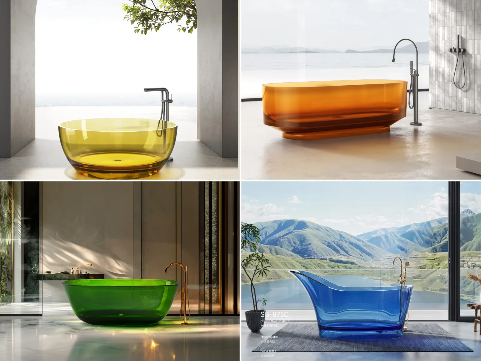 Crystal resin bathtubs and pedestal basins in amber, green and blue from a Guangdong sanitary-ware factory