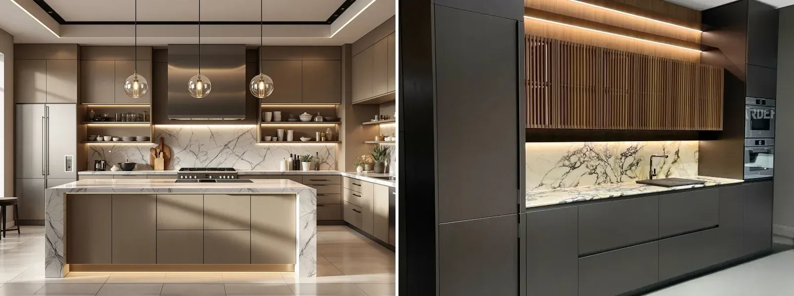 Two custom kitchens from Guangdong cabinetry factories: a taupe kitchen with a marble-clad island, brass trim and glass pendants, and a dark kitchen with slatted oak uppers, LED lighting and a marble backsplash