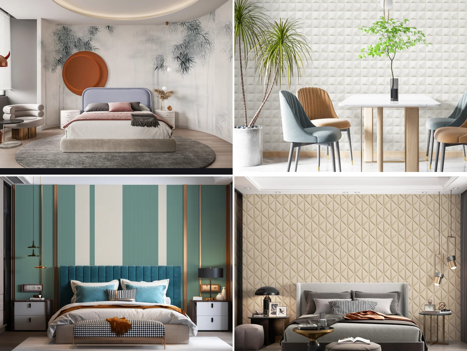 Wall finishes from Foshan building-material markets: suede and 3D wall panels, slatted walls and printed murals in living rooms, dining rooms and bedrooms