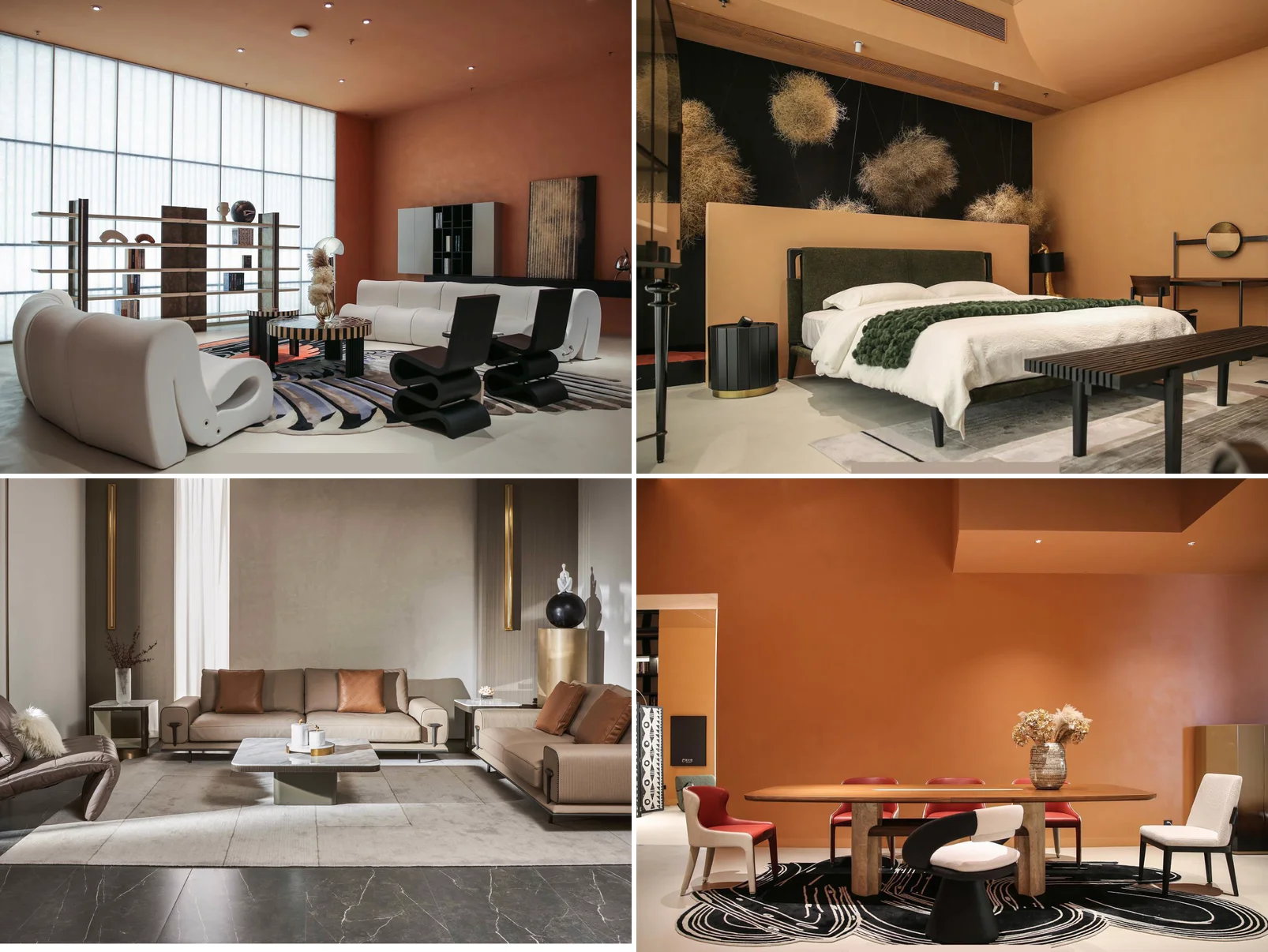 Premium-tier living room, bedroom and dining furniture from Foshan factories: curved sofas, upholstered bed, marble dining table