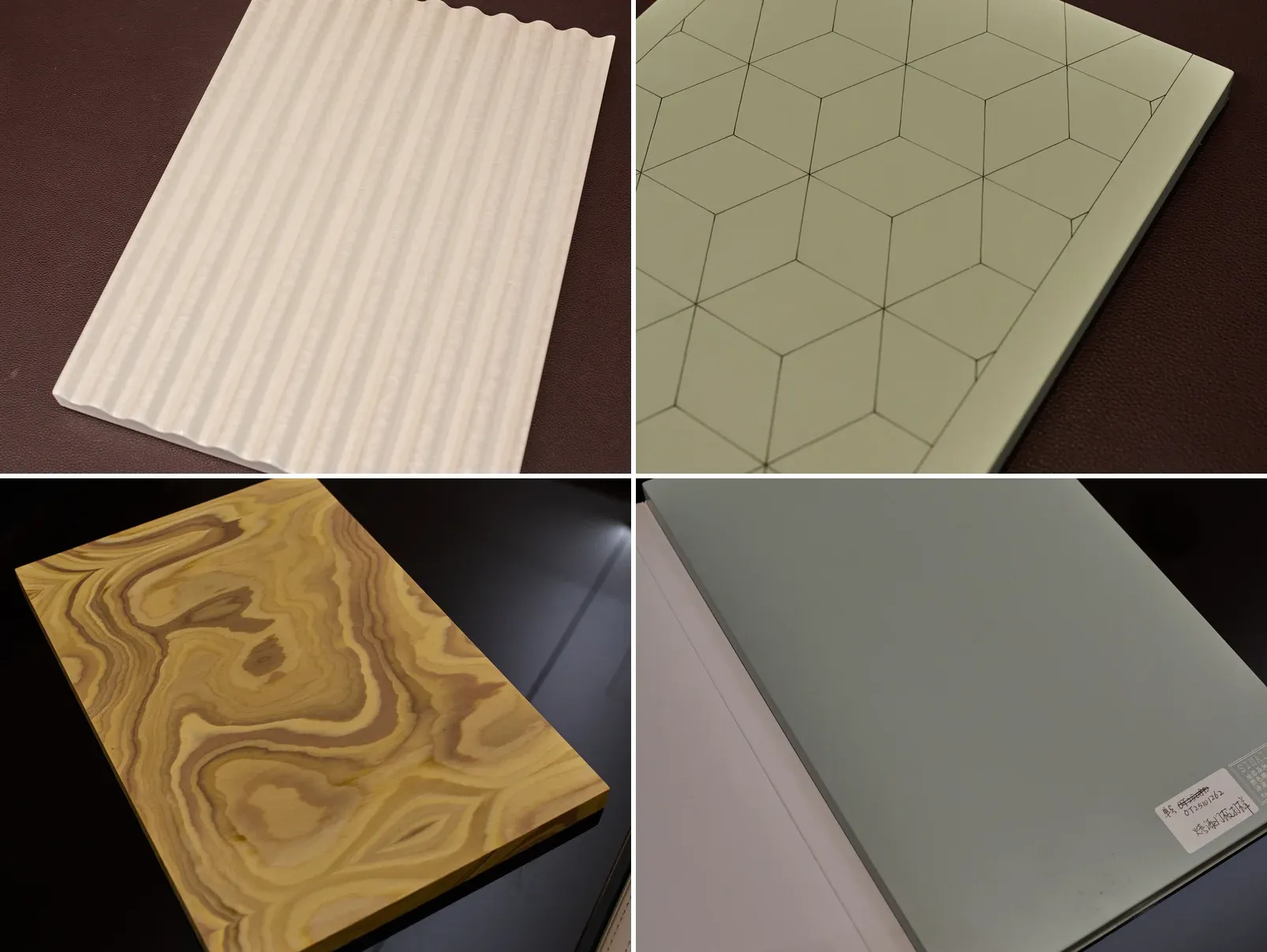 Kitchen and closet door fronts photographed in a Foshan cabinetry showroom: fluted white lacquer, sage-green geometric glass, stone-look and terracotta panels