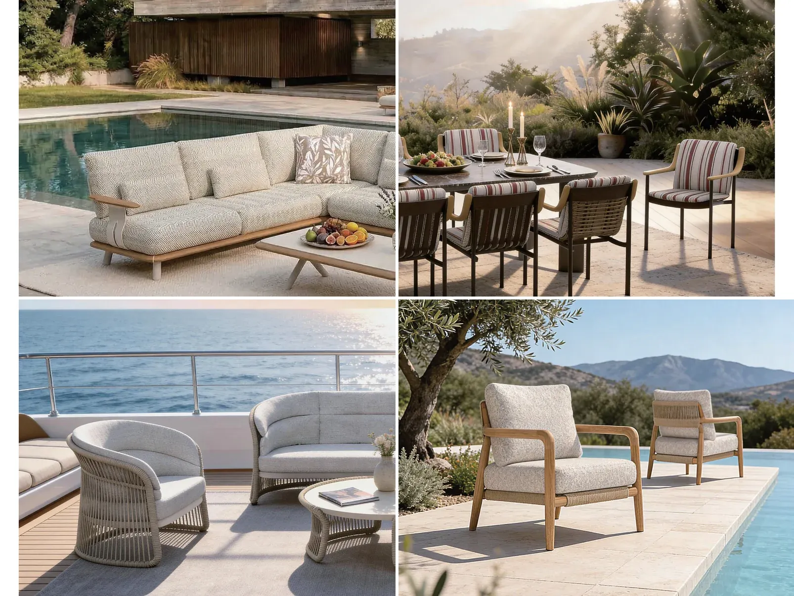 Premium outdoor furniture collections: aluminium and teak dining sets, poolside sofas, rope lounge chairs