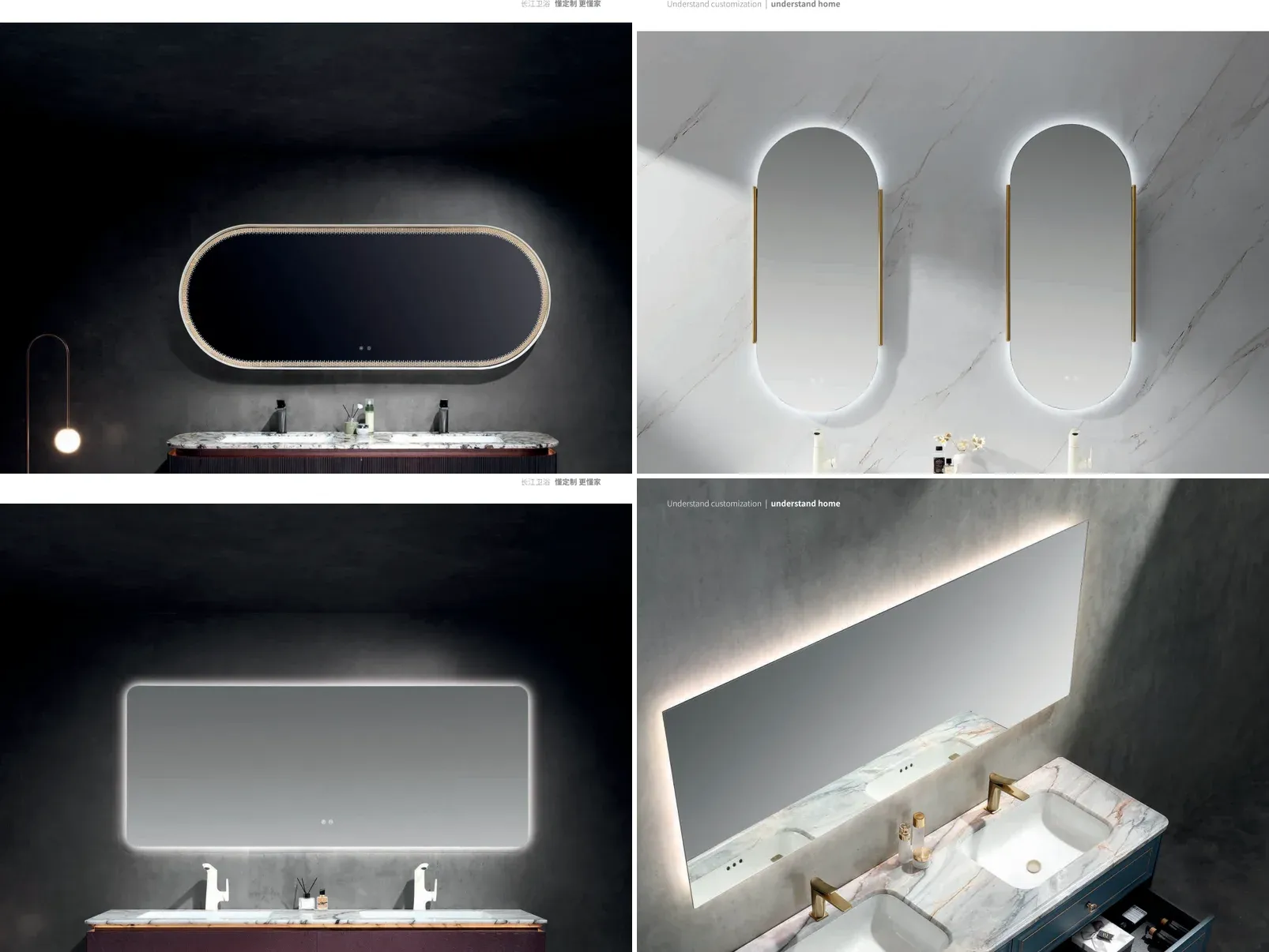 Upper mid-range bathroom vanities: wall-hung double vanity with oval LED mirror, white vanity with twin oval mirrors, burgundy vanity with long LED mirror, blue double vanity with marble top
